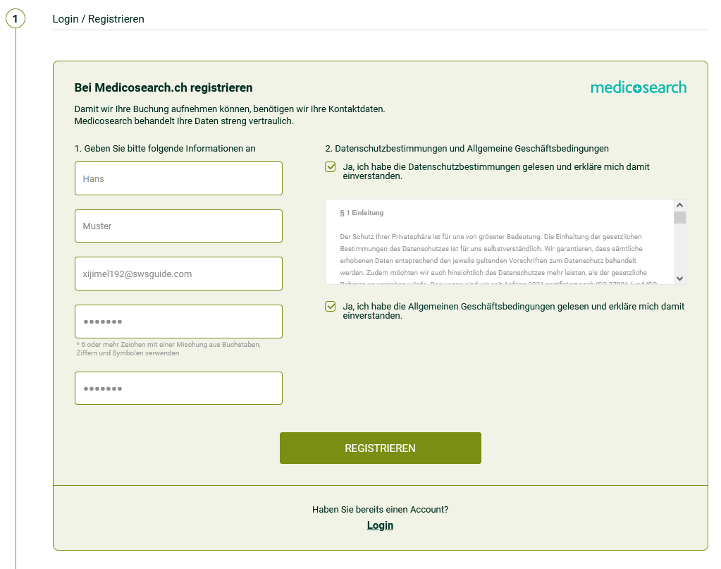 Online Terminbuchung Schritt 2 Registrierung Schritt 1
