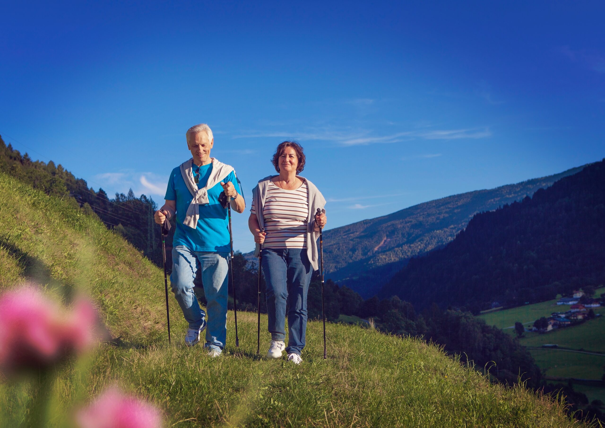 senior couple doing nordic walking